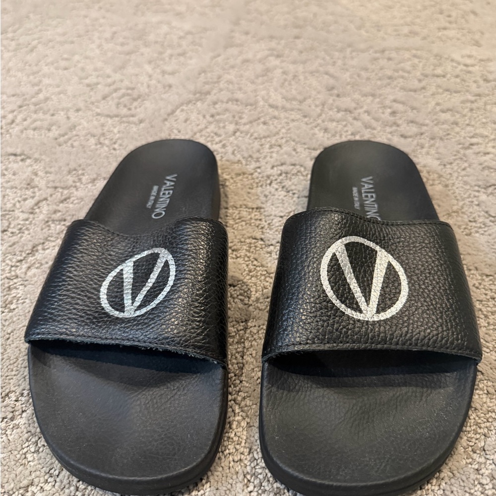 Valentino Black Leather Slides with Logo - Picture 2 of 4